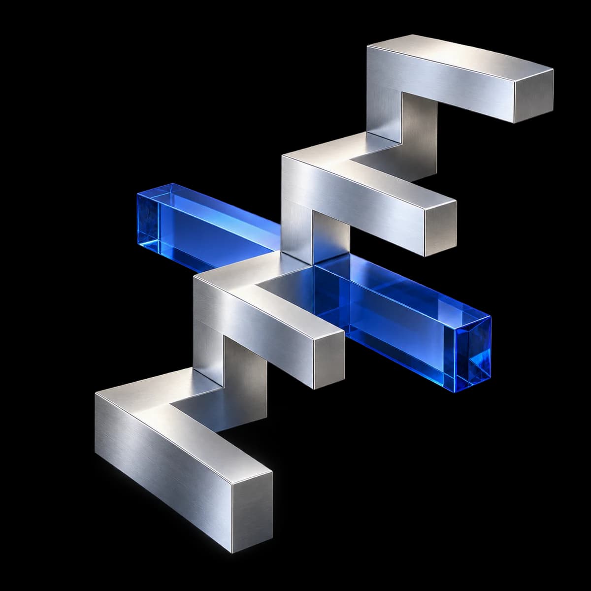 Precision-milled silver steps connected by a cobalt glass beam